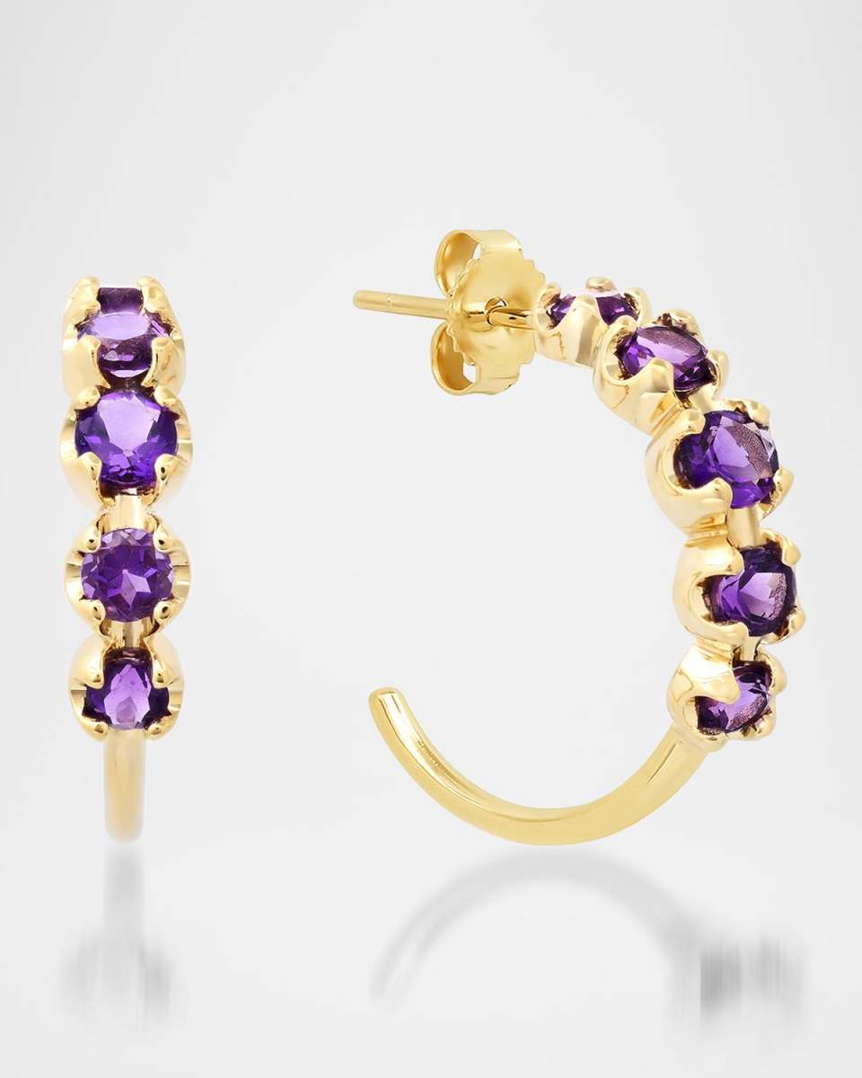 18K Yellow Gold Small Graduated Hoop Earrings with Amethyst